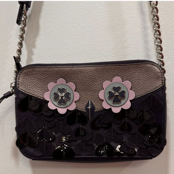 Kate Spade-Zibbi Womens Blue Purple Medium Flap Shoulder Bag‎ Owl Bird Purse - Picture 1 of 9